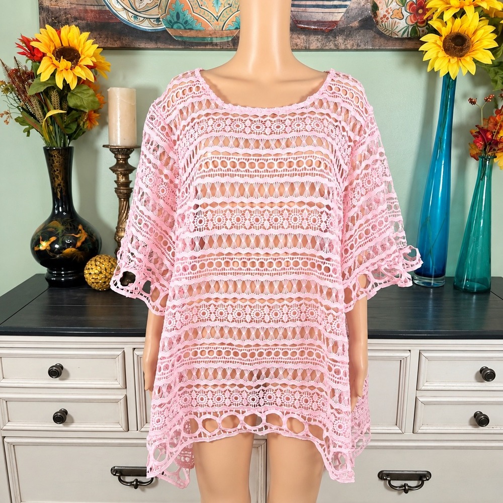 Lane Bryant Hot Pink Open Knit Sweater Plus Size Oversized Tunic Barbiecore Boho